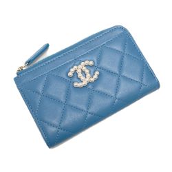 ☆☆ CHANEL シャネル マトラッセ フェイクパール カードケース AP3836 ブルー ココマーク ラムスキン コインケース Bランク