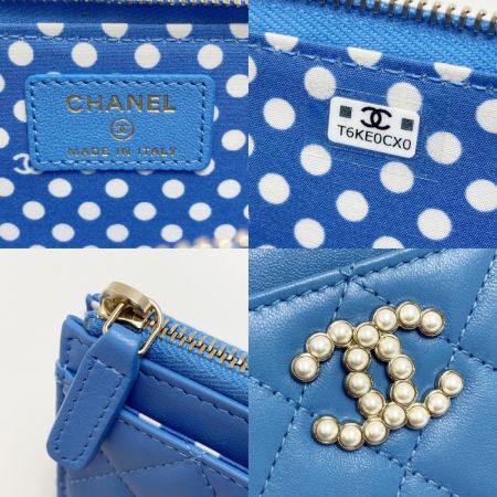  CHANEL シャネル マトラッセ フェイクパール カードケース AP3836 ブルー ココマーク ラムスキン コインケース