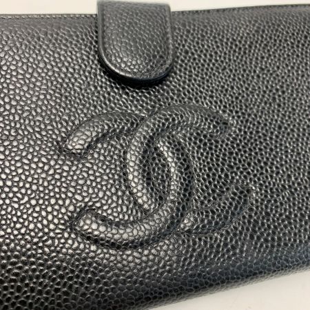  CHANEL シャネル キャビアスキン がま口 レザー ココマーク ブラック / ゴールド金具 財布 レディース