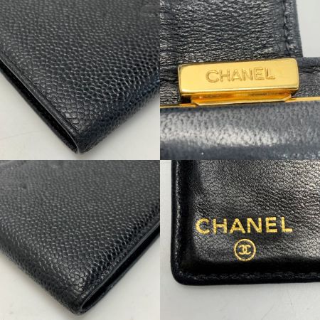  CHANEL シャネル キャビアスキン がま口 レザー ココマーク ブラック / ゴールド金具 財布 レディース
