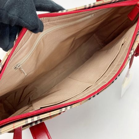  BURBERRY バーバリー ノバチェック ショルダーバッグ KU 022 BI 16 レッド×ベージュ キャンバス/レザー トートバッグ