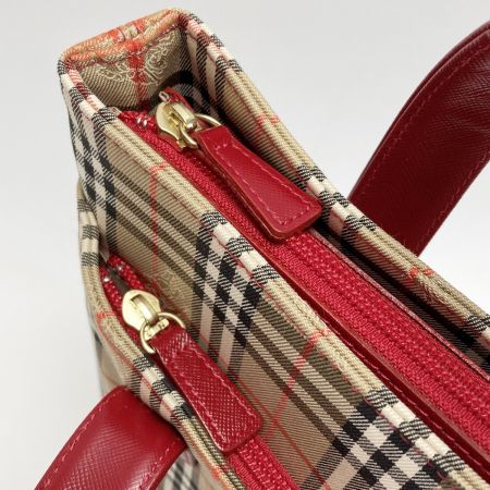  BURBERRY バーバリー ノバチェック ショルダーバッグ KU 022 BI 16 レッド×ベージュ キャンバス/レザー トートバッグ