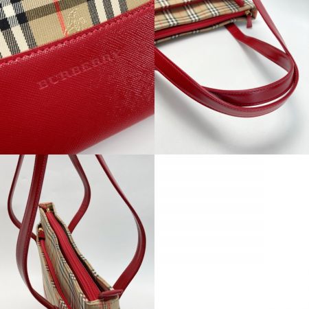  BURBERRY バーバリー ノバチェック ショルダーバッグ KU 022 BI 16 レッド×ベージュ キャンバス/レザー トートバッグ