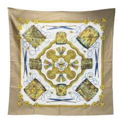 ☆☆ HERMES エルメス カレ90 LES TAMBOUS タンブールの太鼓 シルクスカーフ ベージュ シルク100％ Bランク