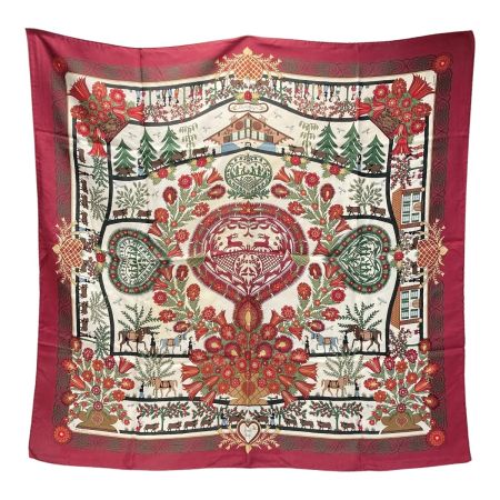  HERMES エルメス カレ90 Decoupages 切り絵 シルクスカーフ ワインレッド シルク100％