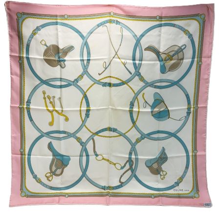  CELINE セリーヌ スカーフ  ライトピンク×ホワイト シルク100％