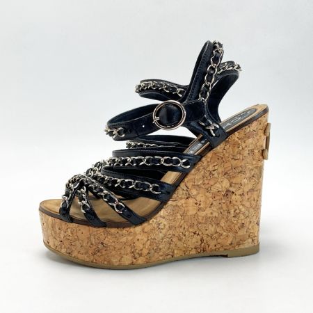  CHANEL シャネル チェーン コルク ウェッジ サンダル 34½（21.5cm相当） ブラック ココマーク