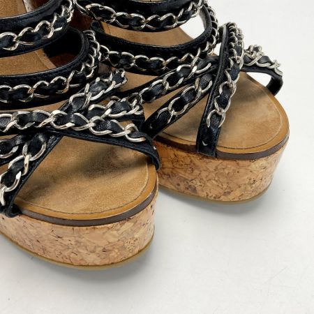  CHANEL シャネル チェーン コルク ウェッジ サンダル 34½（21.5cm相当） ブラック ココマーク