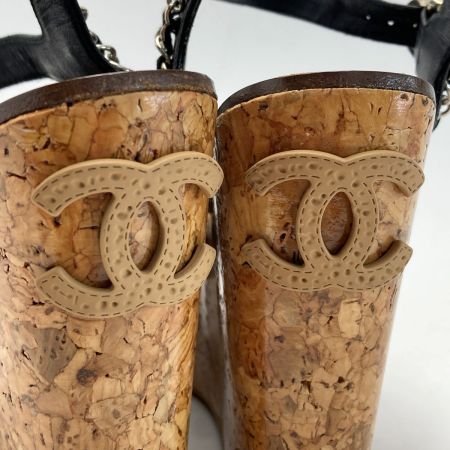  CHANEL シャネル チェーン コルク ウェッジ サンダル 34½（21.5cm相当） ブラック ココマーク