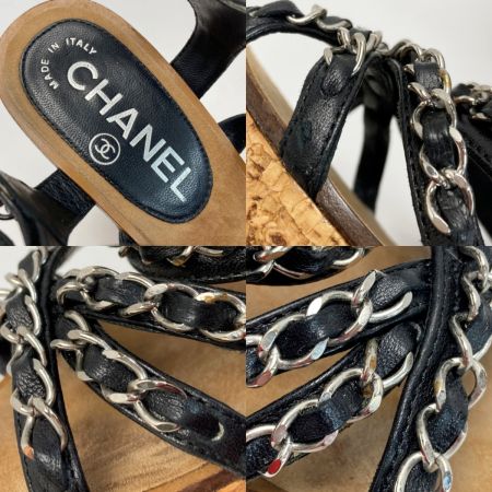  CHANEL シャネル チェーン コルク ウェッジ サンダル 34½（21.5cm相当） ブラック ココマーク