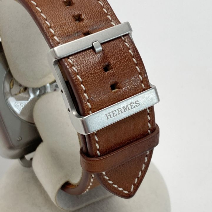 HERMES 長方形時計 ブラウンレザー HERMES エルメス カレ アッシュ T12.710 グレー 自動巻き メンズ