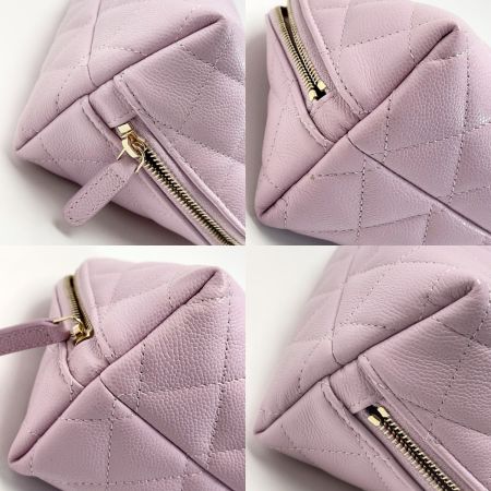  CHANEL シャネル ココマーク マトラッセ ポーチ ライトパープル キャビアスキン ゴールド金具 布袋有