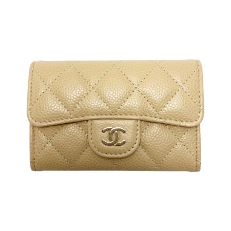  CHANEL シャネル カードケース ココマーク キャビアスキン ベージュ シルバー金具 レディース