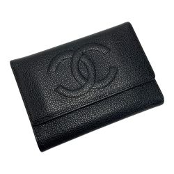 ☆☆ CHANEL シャネル ココマーク 3つ折り財布 A13225 ブラック キャビアスキン ギャランティカード有 Bランク