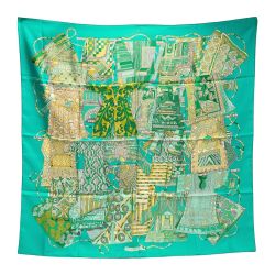 ☆☆ HERMES エルメス カレ90 VOYAGE EN ETOFFES 世界の布地を巡る旅 スカーフ グリーン シルク Bランク