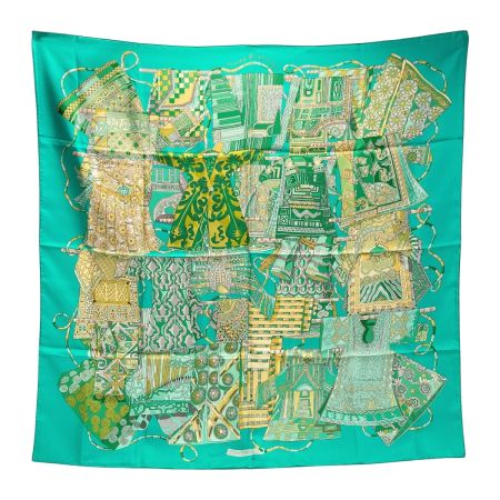  HERMES エルメス カレ90 VOYAGE EN ETOFFES 世界の布地を巡る旅 スカーフ グリーン シルク