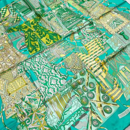  HERMES エルメス カレ90 VOYAGE EN ETOFFES 世界の布地を巡る旅 スカーフ グリーン シルク
