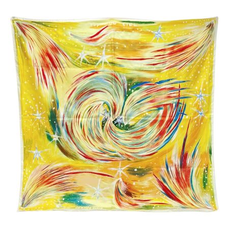  HERMES エルメス カレ90 FEUX DU CIEL 天の火 スカーフ イエロー シルク100％