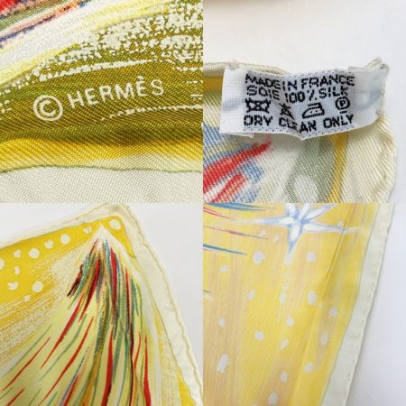  HERMES エルメス カレ90 FEUX DU CIEL 天の火 スカーフ イエロー シルク100％