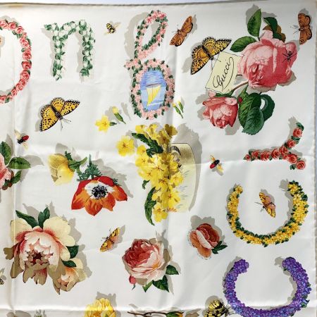  GUCCI グッチ フローラル柄 アイボリー シルク スカーフ