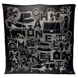 ☆☆ CHANEL シャネル ロゴ シルク ブラック×ホワイト 大判スカーフ レディース Bランク
