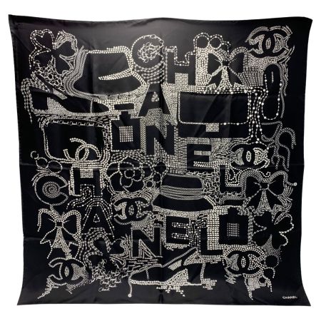  CHANEL シャネル ロゴ シルク ブラック×ホワイト 大判スカーフ レディース