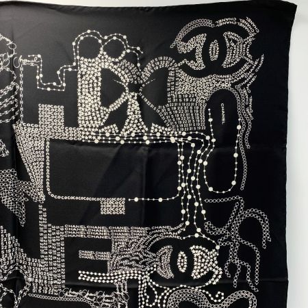  CHANEL シャネル ロゴ シルク ブラック×ホワイト 大判スカーフ レディース