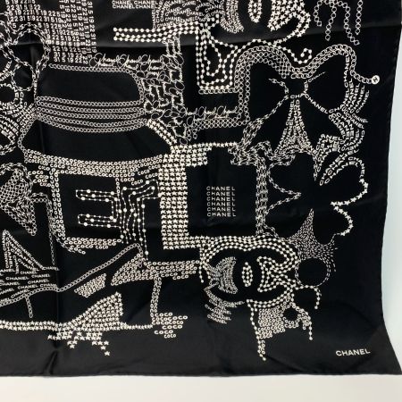  CHANEL シャネル ロゴ シルク ブラック×ホワイト 大判スカーフ レディース