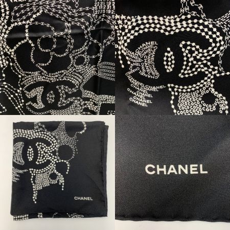  CHANEL シャネル ロゴ シルク ブラック×ホワイト 大判スカーフ レディース