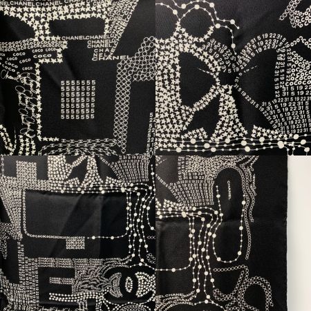  CHANEL シャネル ロゴ シルク ブラック×ホワイト 大判スカーフ レディース