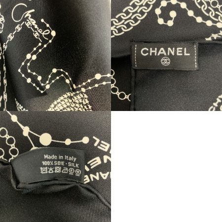  CHANEL シャネル ロゴ シルク ブラック×ホワイト 大判スカーフ レディース