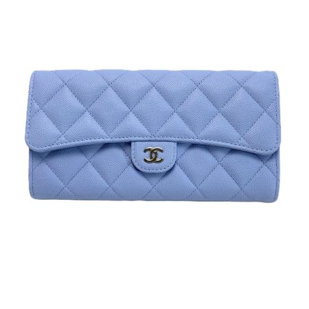  CHANEL シャネル マトラッセ キャビアスキン ロングフラップウォレット AP0241 ブルー 長財布 シルバー金具