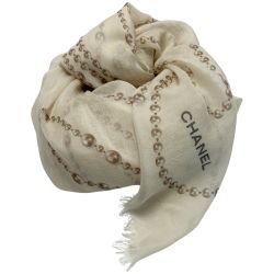 ☆☆ CHANEL シャネル パールネックレス柄  ベージュ 大判スカーフ Bランク