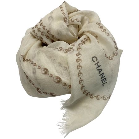  CHANEL シャネル パールネックレス柄  ベージュ 大判スカーフ