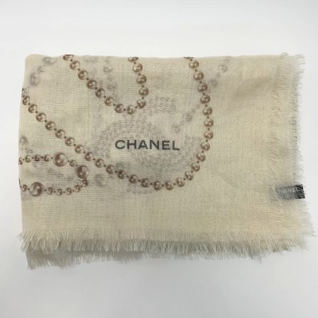  CHANEL シャネル パールネックレス柄  ベージュ 大判スカーフ