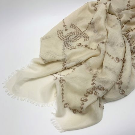  CHANEL シャネル パールネックレス柄  ベージュ 大判スカーフ