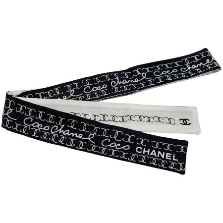  CHANEL シャネル ヘアバンド 細いスカーフ ツイリー シルク100％ ブラック×ホワイト