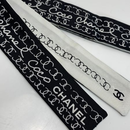  CHANEL シャネル ヘアバンド 細いスカーフ ツイリー シルク100％ ブラック×ホワイト