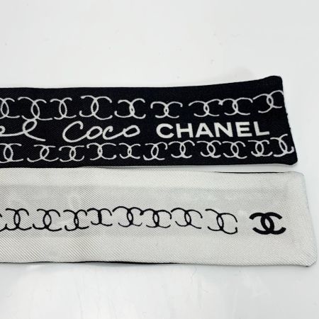  CHANEL シャネル ヘアバンド 細いスカーフ ツイリー シルク100％ ブラック×ホワイト