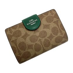 ☆☆ COACH コーチ ミディアム コーナー ジップ ウォレット CW786 ブラウン×グリーン 2つ折り財布 シグネチャー Aランク