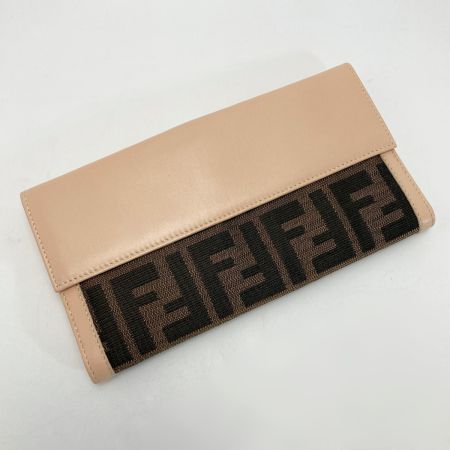  FENDI フェンディ ズッカ柄 Wホック 長財布 ブラウン×ピンク キャンバス/レザー