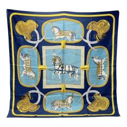 ☆☆ HERMES エルメス カレ90 GRAND APPARAT 盛装の馬 シルクスカーフ ネイビー シルク100％ Cランク