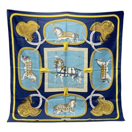  HERMES エルメス カレ90 GRAND APPARAT 盛装の馬 シルクスカーフ ネイビー シルク100％