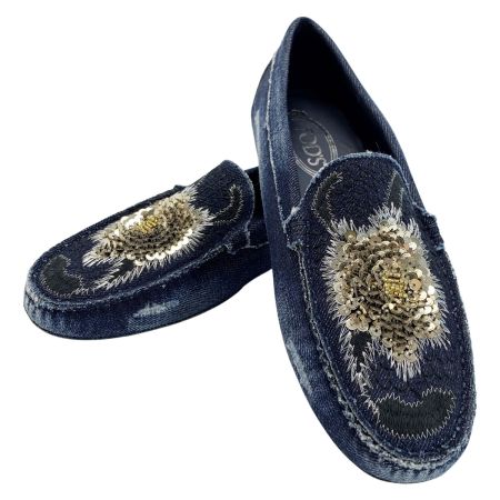  TODS トッズ デニム スパンコール インディゴ パンプス レディース SIZE39（約24.5㎝程度）