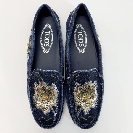  TODS トッズ デニム スパンコール インディゴ パンプス レディース SIZE39（約24.5㎝程度）