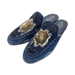 ☆☆ TODS トッズ デニム スパンコール ステッチ サンダル 39（26cm相当） インディゴ フラット ミュール Bランク