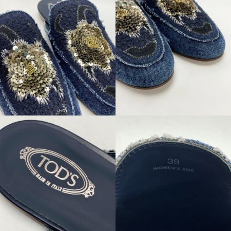  TODS トッズ デニム スパンコール ステッチ サンダル 39（26cm相当） インディゴ フラット ミュール