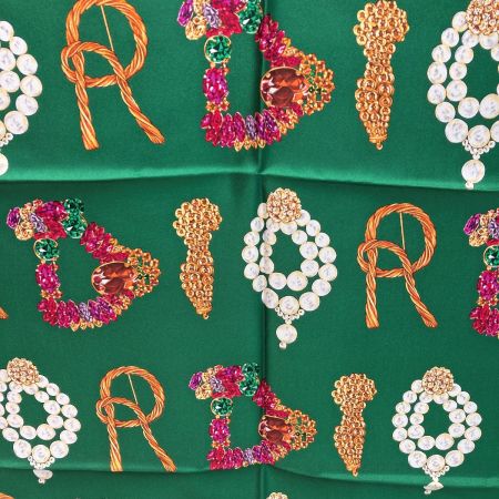  Christian Dior クリスチャンディオール 宝石 ロゴ シルクスカーフ グリーン シルク100％
