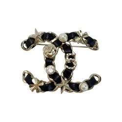 ☆☆ CHANEL シャネル ココマーク ラインストーン フェイクパール ブローチ B22V ブラック×ゴールド レザー×メタル Bランク