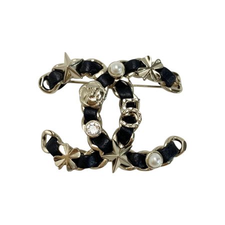  CHANEL シャネル ココマーク ラインストーン フェイクパール ブローチ B22V ブラック×ゴールド レザー×メタル
